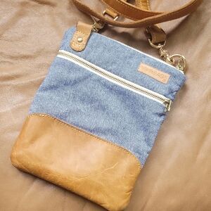 Stylish Denim and Tan Leather Crossbody Bag by BetterLife Bags